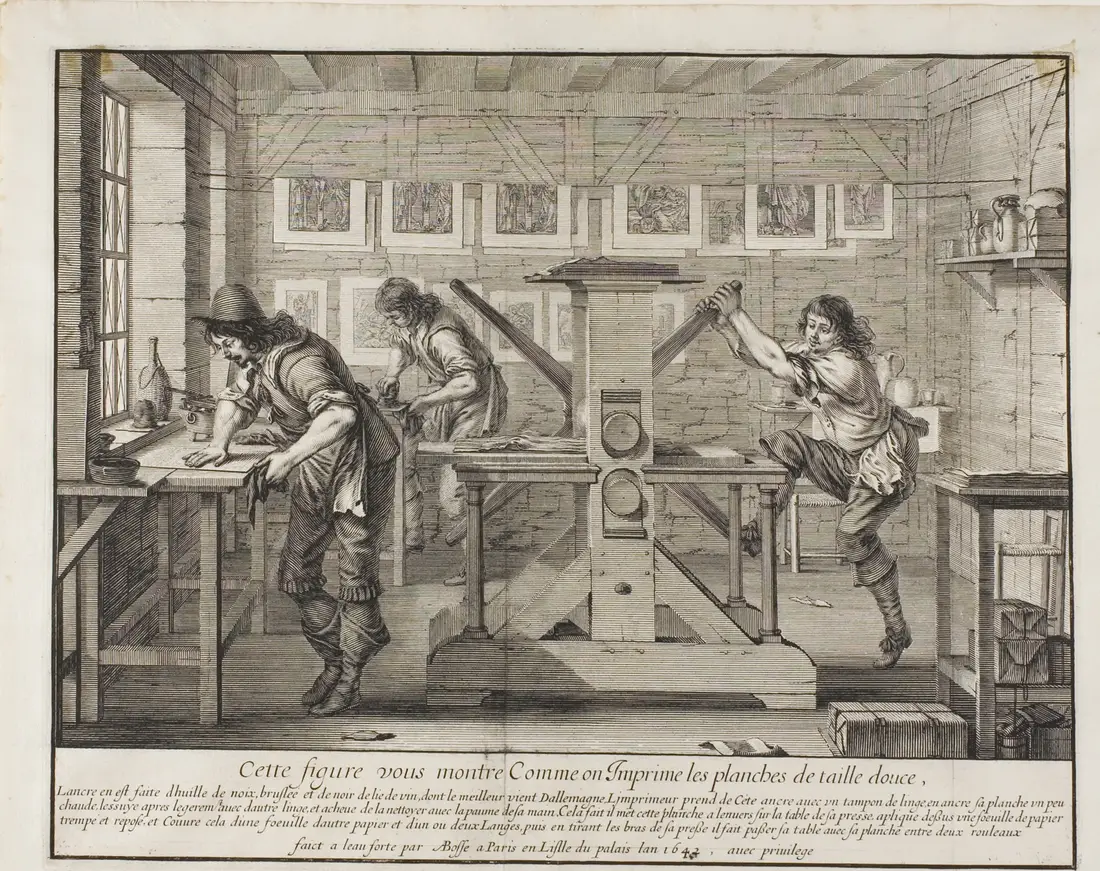 Etching of a printmaker's workshop, two workers pulling a copper plate through a roller press.